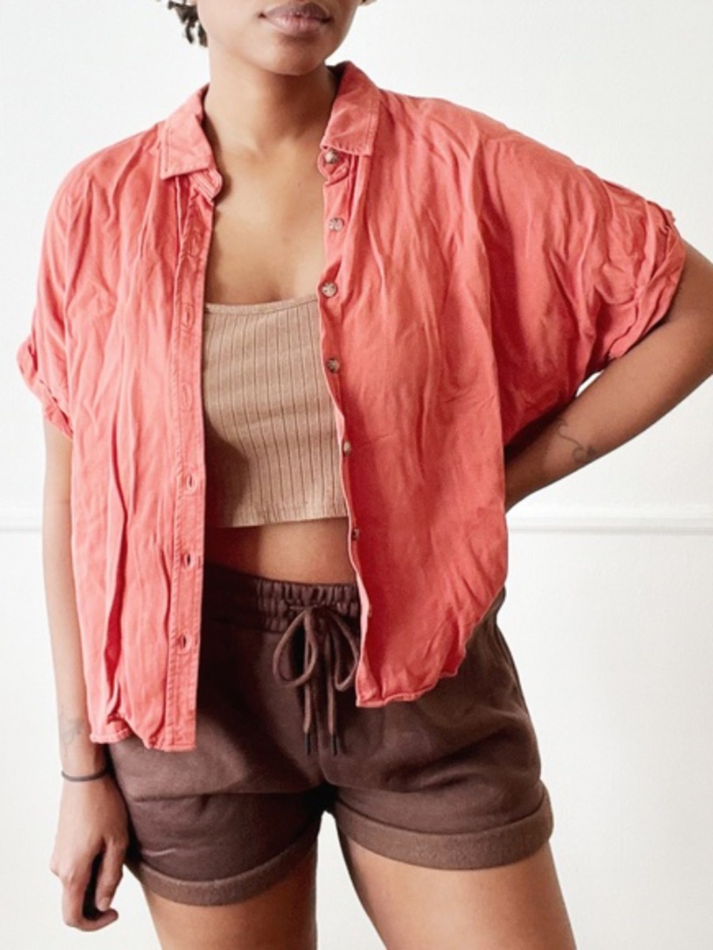 forever 21 coral oversized cropped button up shirt